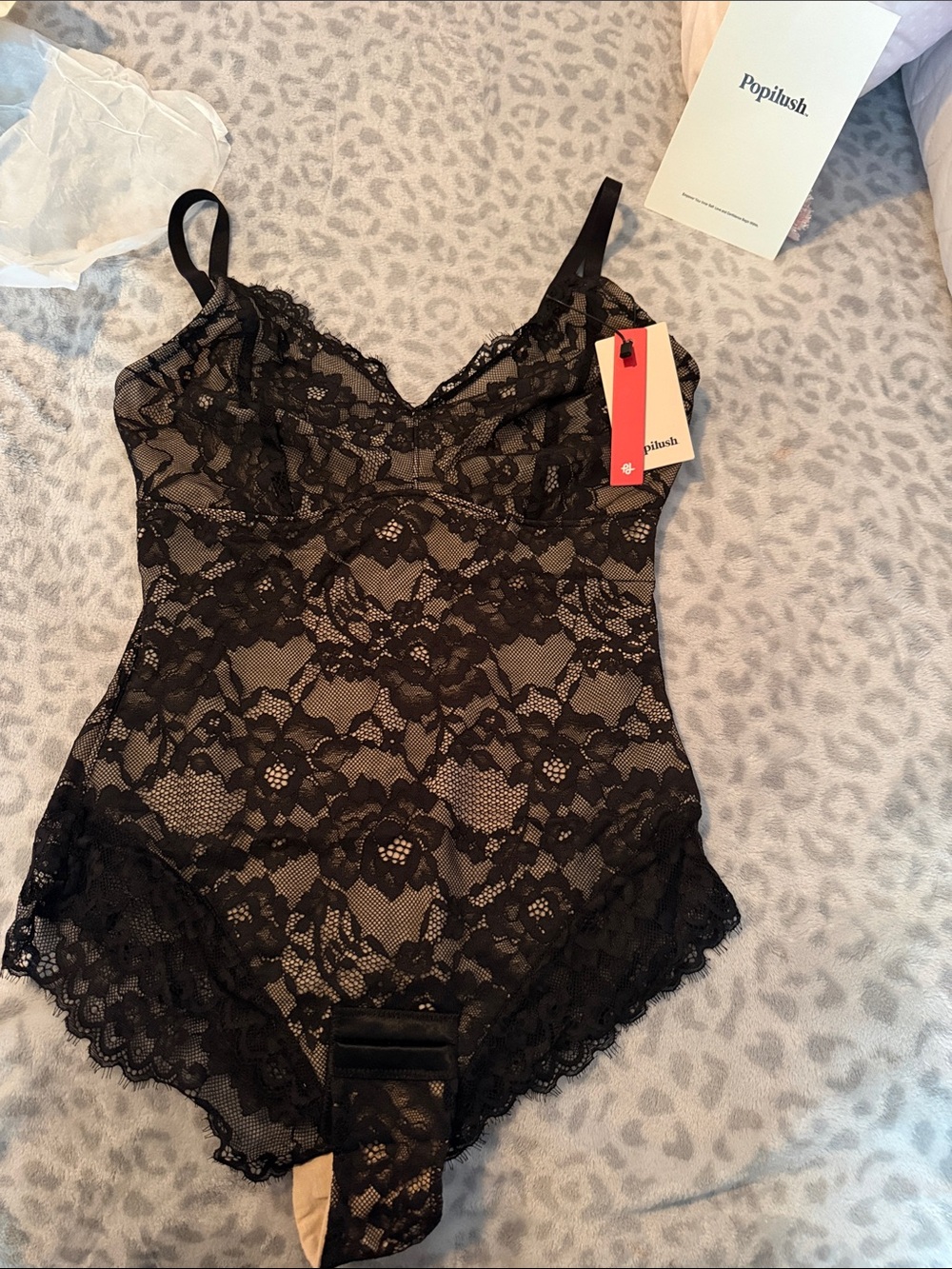 Popilush Black Lace Bodysuit with nude underlay